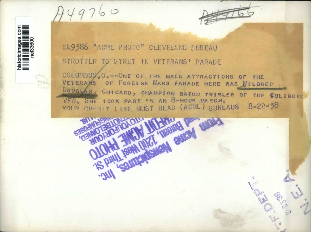 1938 Press Photo Mildred Douglas in Veterans of Foreign Wars Parade, Columbus