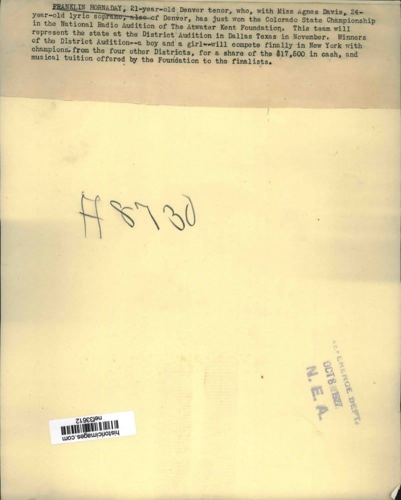 1927 Press Photo Tenor Franklin Hornaday Wins Colorado State Radio Audition