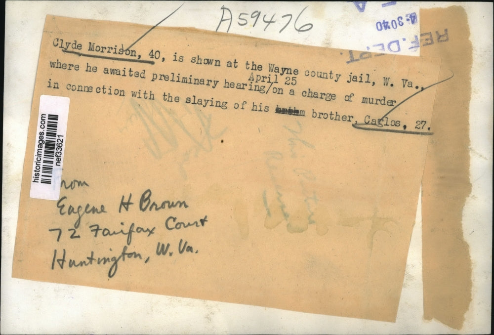 1940 Press Photo Clyde Morrison at Wayne County Jail, West Virginia - nef33621