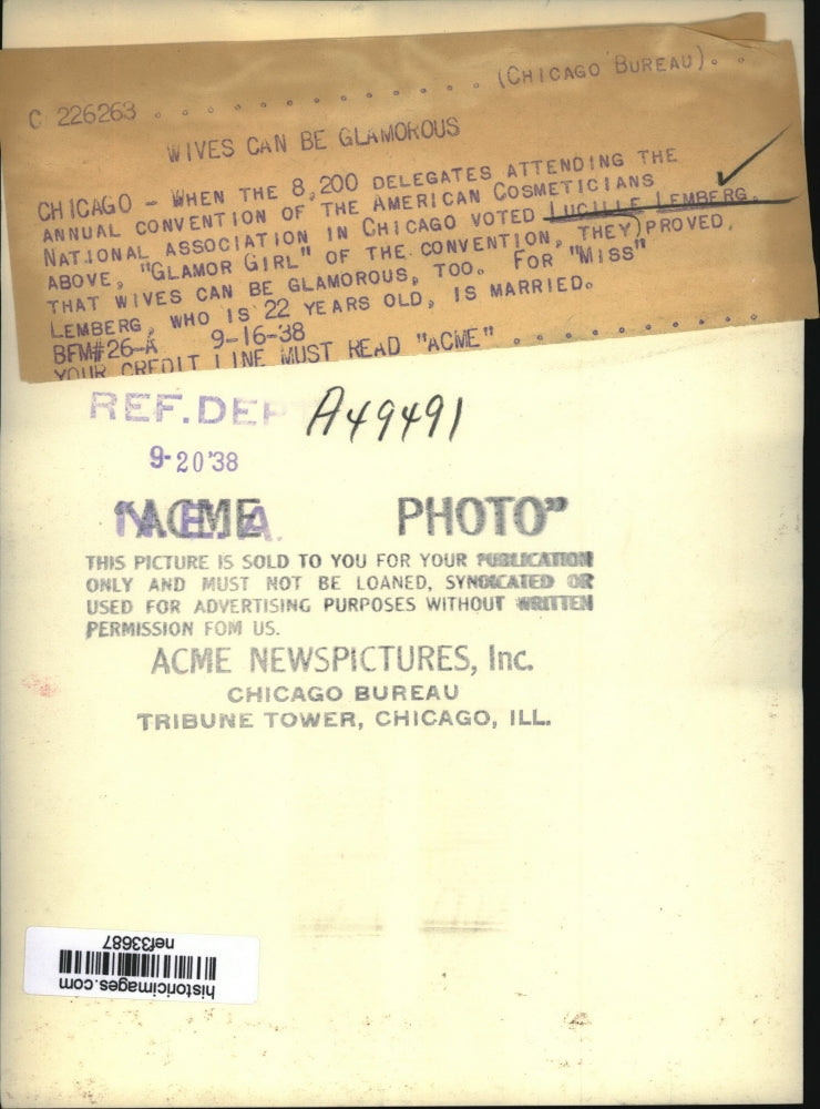 1938 Press Photo Lucille Lemberg Voted "Glamour Girl" of Cosmeticians Convention