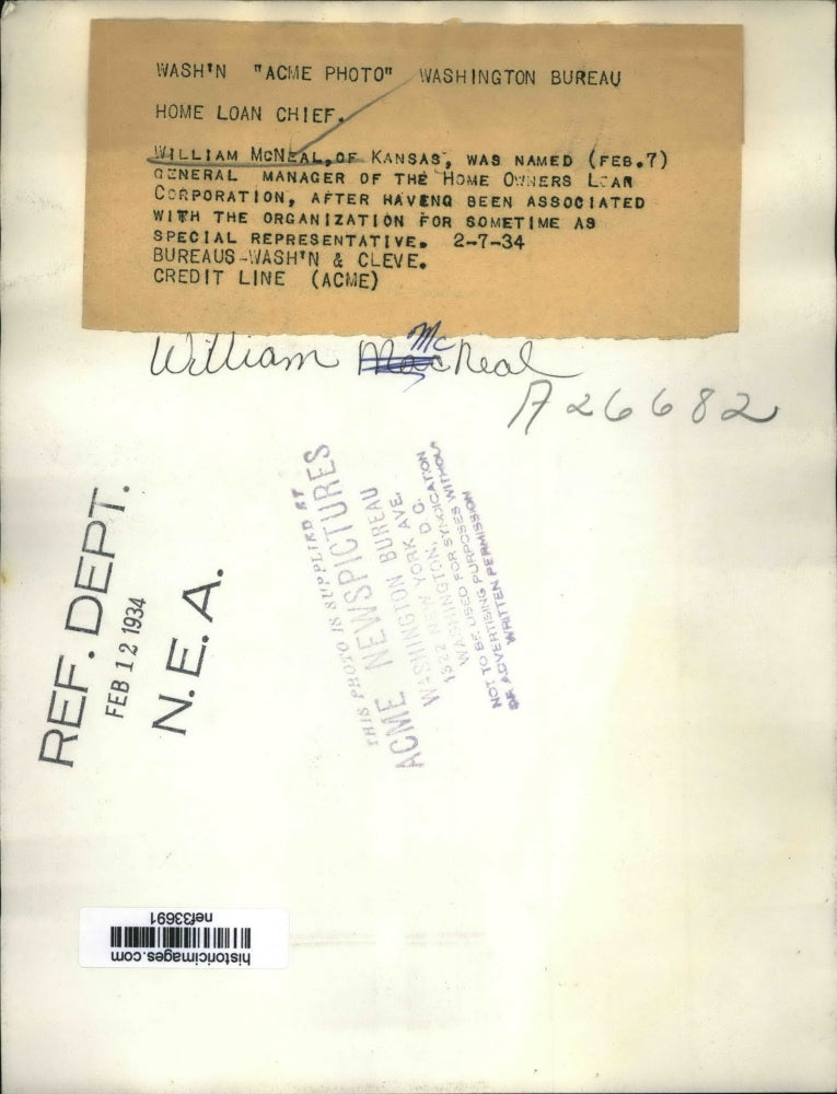 1934 Press Photo William McNeal Named GM of Home Owners Loan Corporation