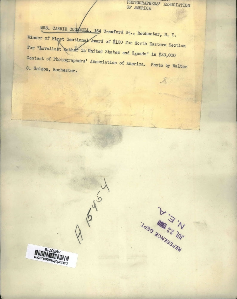 1930 Press Photo Carrie Cogswell of Rochester, NY Wins "Loveliest Mother" Award