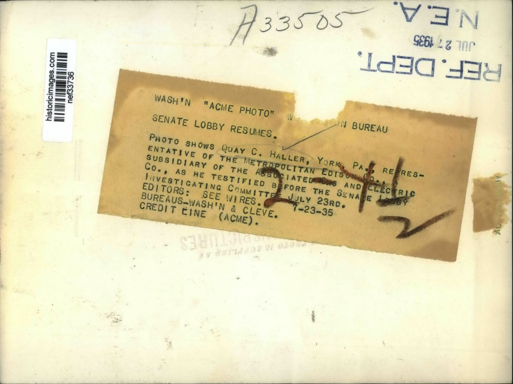 1935 Press Photo Quay Haller Testifies in Senate Investigating Committee