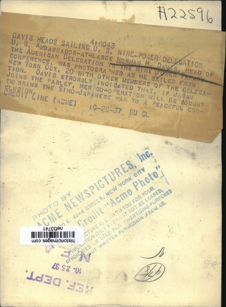 1937 Press Photo Norman Davis Nine Power Delegate Sails from New York