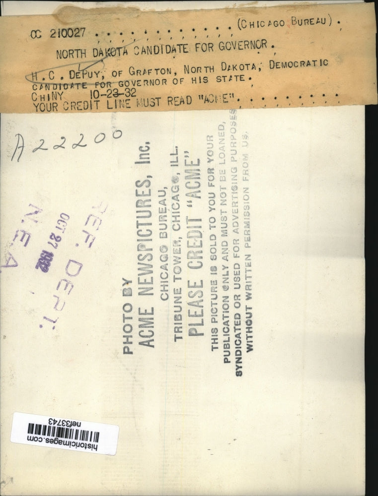 1932 Press Photo H.C. Depuy North Dakota Governor Democratic Candidate