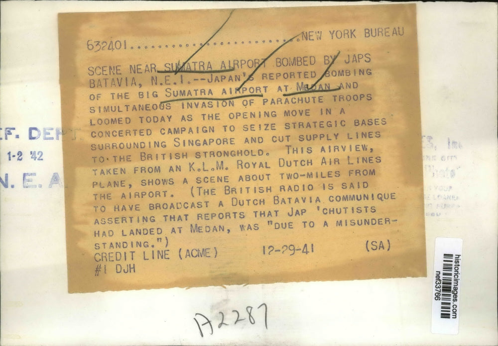 1941 Press Photo Sumatra Indonesia Airport at Medan Bombed by Japanese