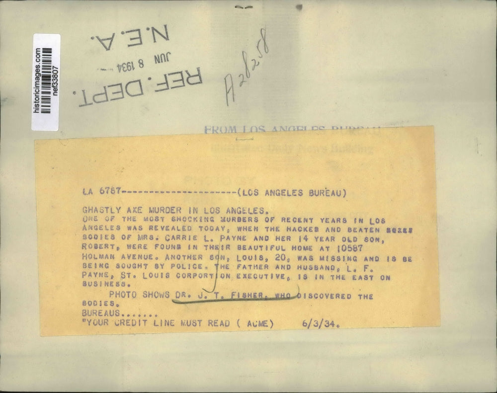 1934 Press Photo Axe Murdered Bodies of Mrs. Carrie Payne and Son Robert Found