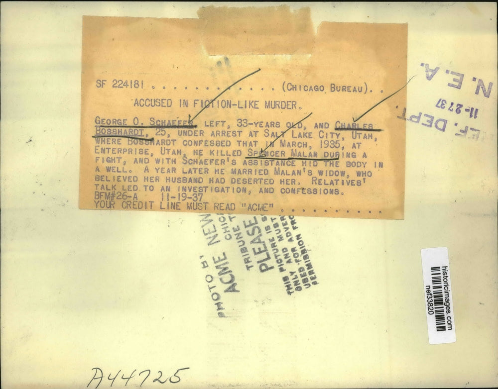 1937 Press Photo George O.Schaefer and Charles Bosshardt accused in Murder