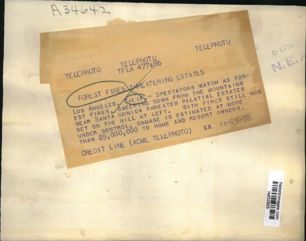 1938 Press Photo Forest Fires in Mountains, Santa Monica, California - nef33868