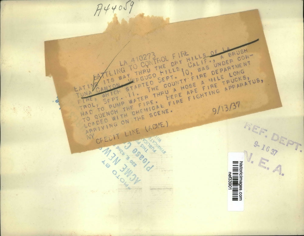 1937 Press Photo Brush Fire in La Tuna Canyon, Verdugo Hills, California