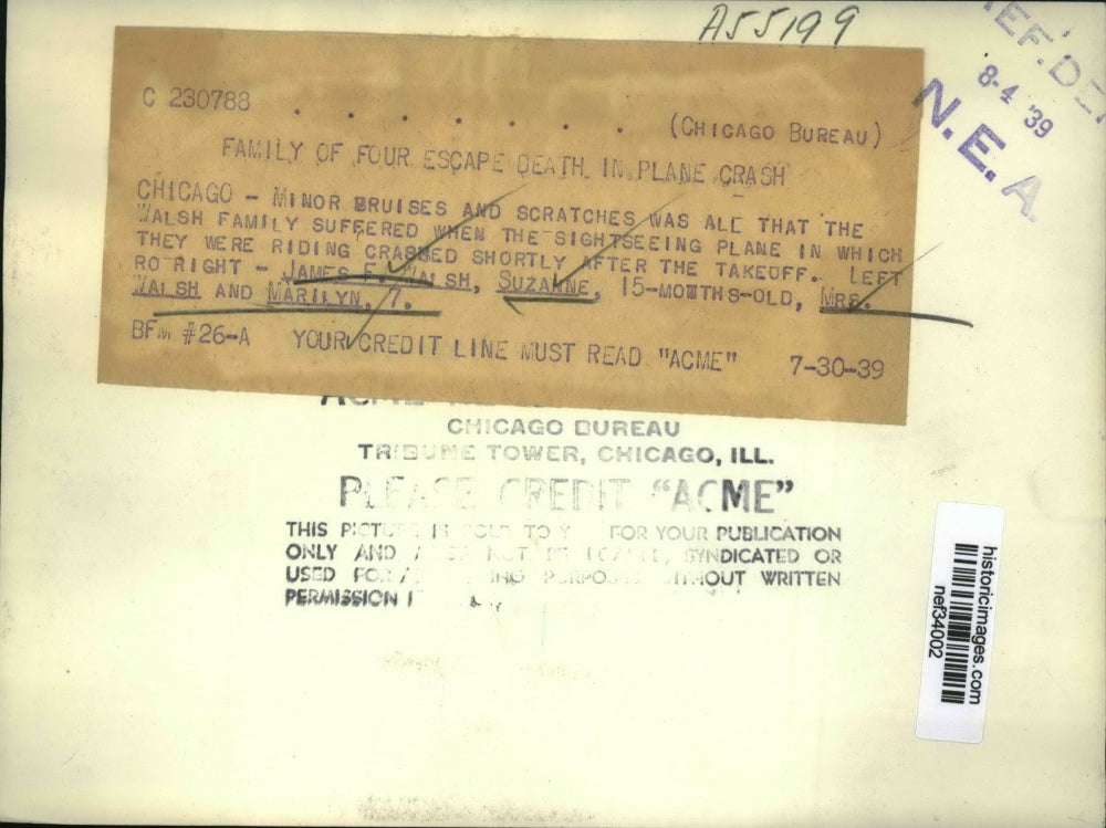 1939 Press Photo Walsh family escaped plane crashed after Takeoff at Chicago