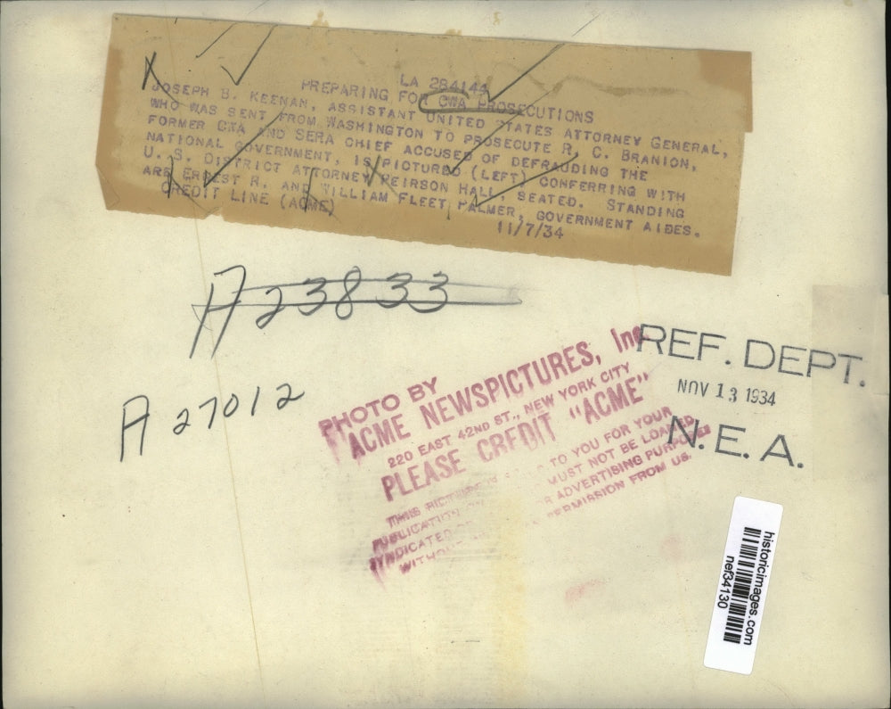 1934 Press Photo Joseph B. Keenan & Prosecution Team for R.C. Branion of CWA