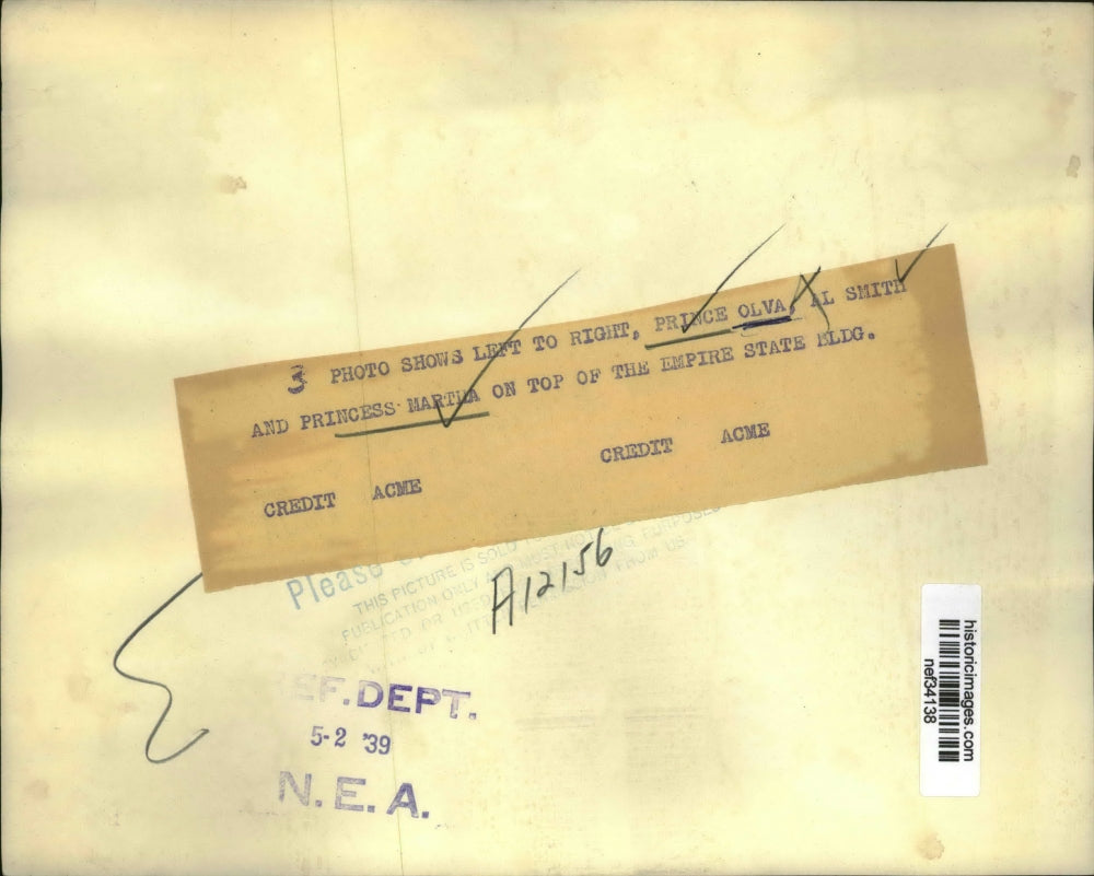 1939 Press Photo Prince Olav of Norway, Princess Martha at Empire State Building