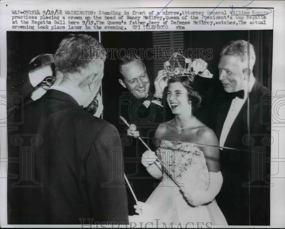 1958 Press Photo Atty, Gen. William Rogers Practices Crowning Nancy McElroy