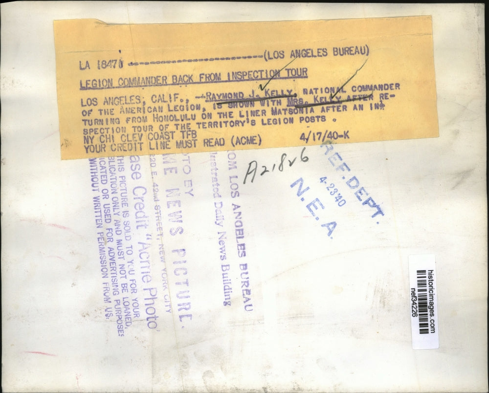 1940 Press Photo Raymond Kelly Commander of American Legion & Mrs Kelly