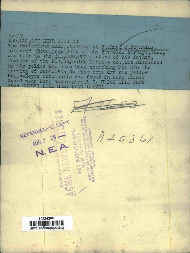 1929 Press Photo Richard J. Reynolds - nef34351