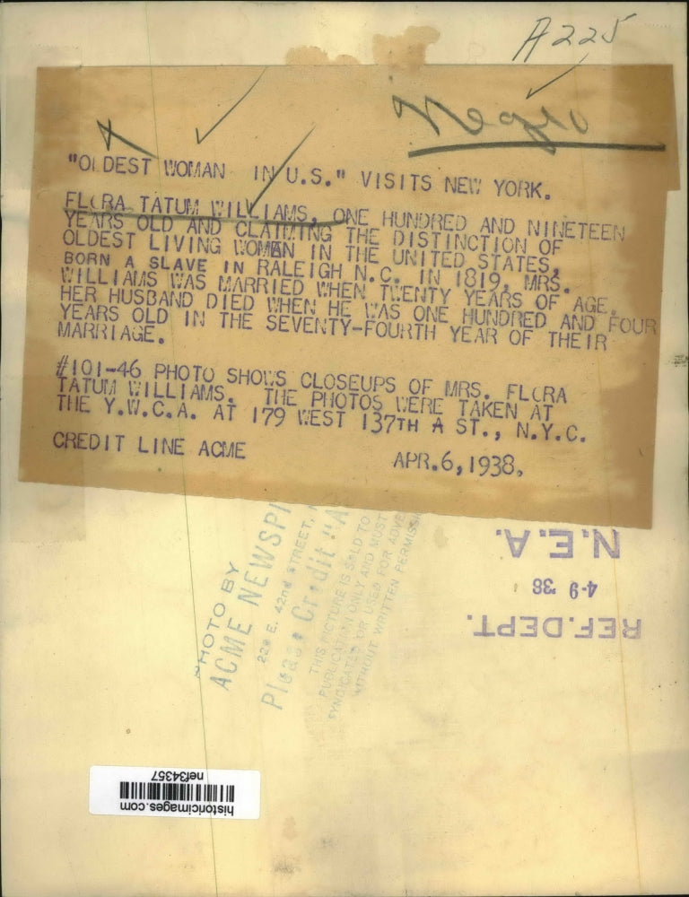 1938 Press Photo Flora Tatum Williams, Oldest Woman in United States, Age 119