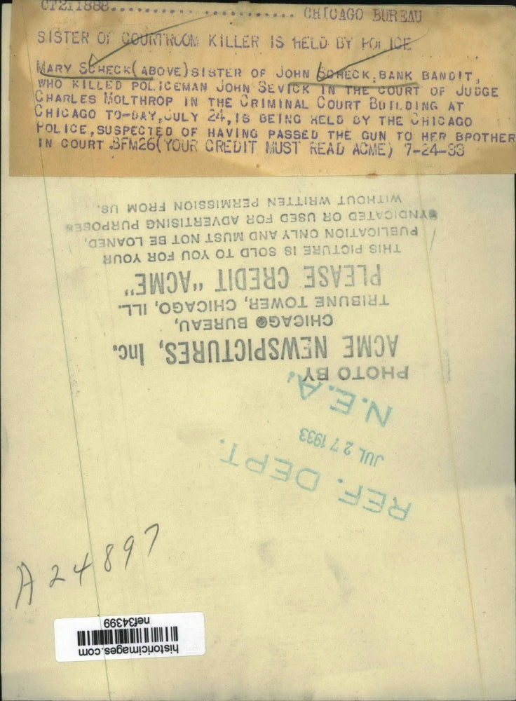 1933 Press Photo Mary Scheck, Sister of chicago Courtroom Murderer John Scheck