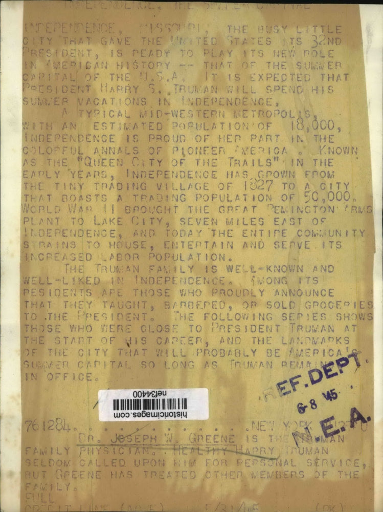 1945 Press Photo Dr. Joseph W. Greene, Truman Family Doctor - nef34400