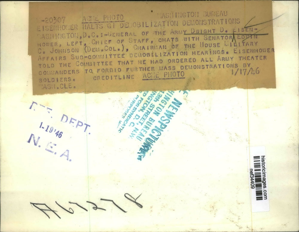 1946 Press Photo Dwight Eisenhower, Edwin C. Johnson at Military Affairs Hearing