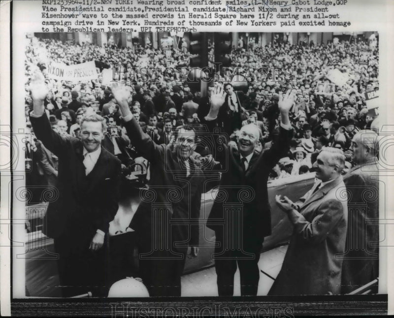 Load image into Gallery viewer, 1961 Press Photo Richard Nixon, Dwight Eisenhower in Herald Square, New York
