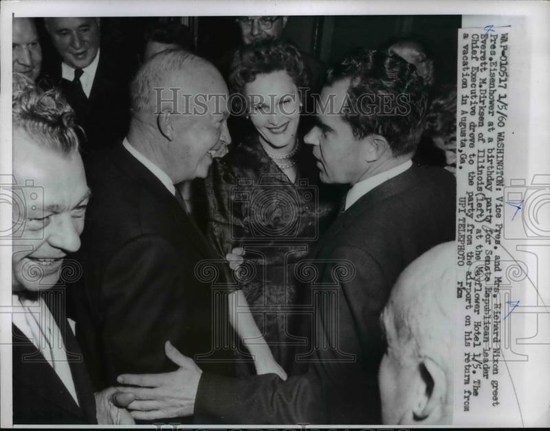 Load image into Gallery viewer, 1960 Press Photo Dwight Eisenhower Greeted by Richard Nixon at Washington Party
