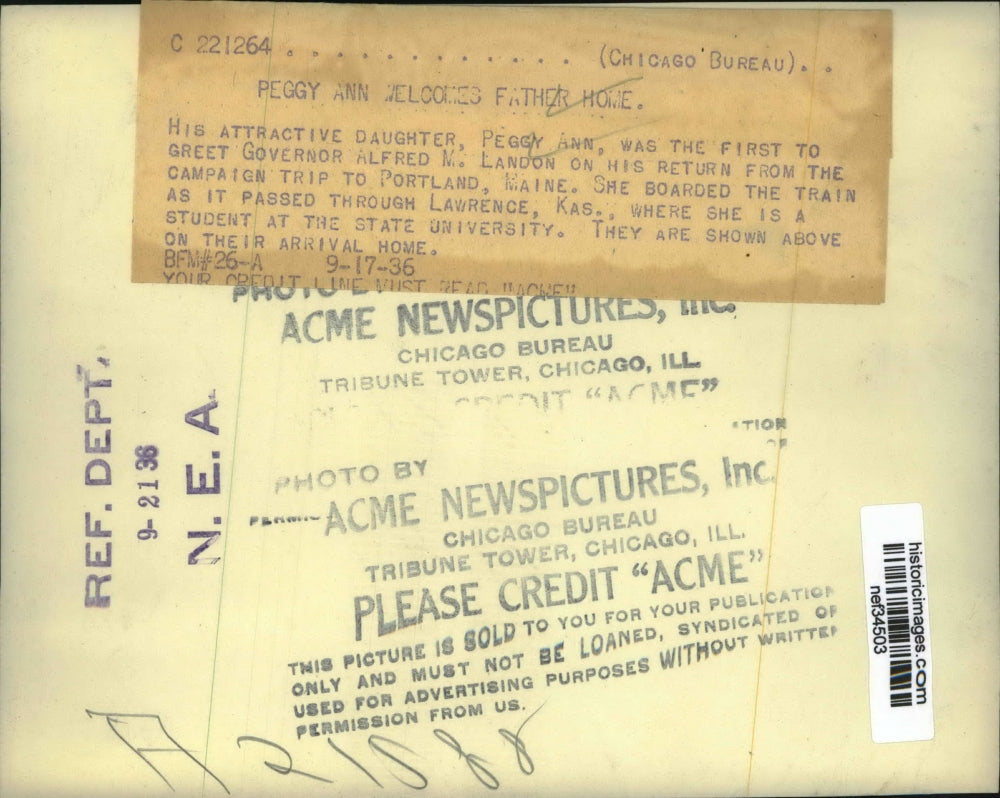 1936 Press Photo Alf Landon, Daughter Peggy Ann Returning from Maine Trip