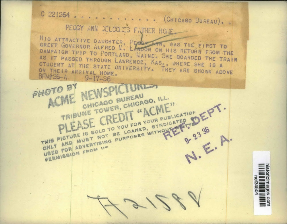 1936 Press Photo Alf Landon, Daughter Peggy Ann Returning from Maine Trip