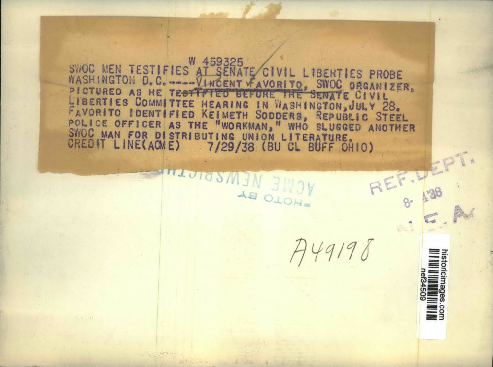 1938 Press Photo Vincent Favorito at Senate Civil Liberties Hearing, Washington