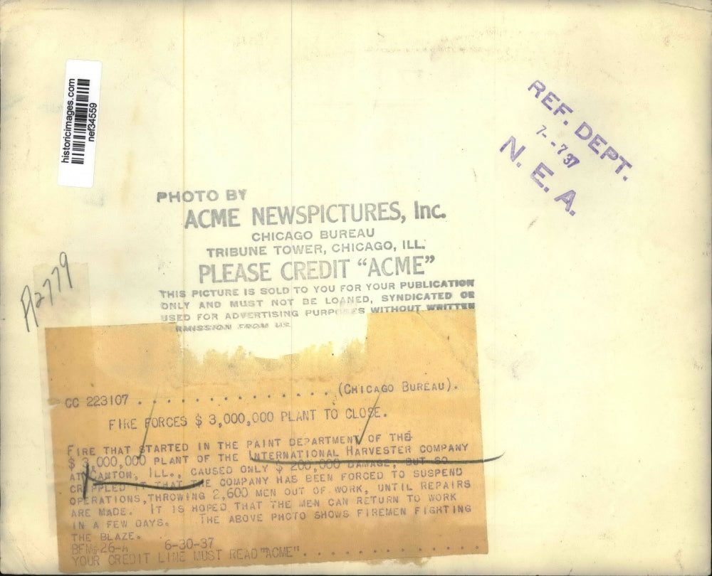 1937 Press Photo Fire at International Harvester Company, Canton, Illinois