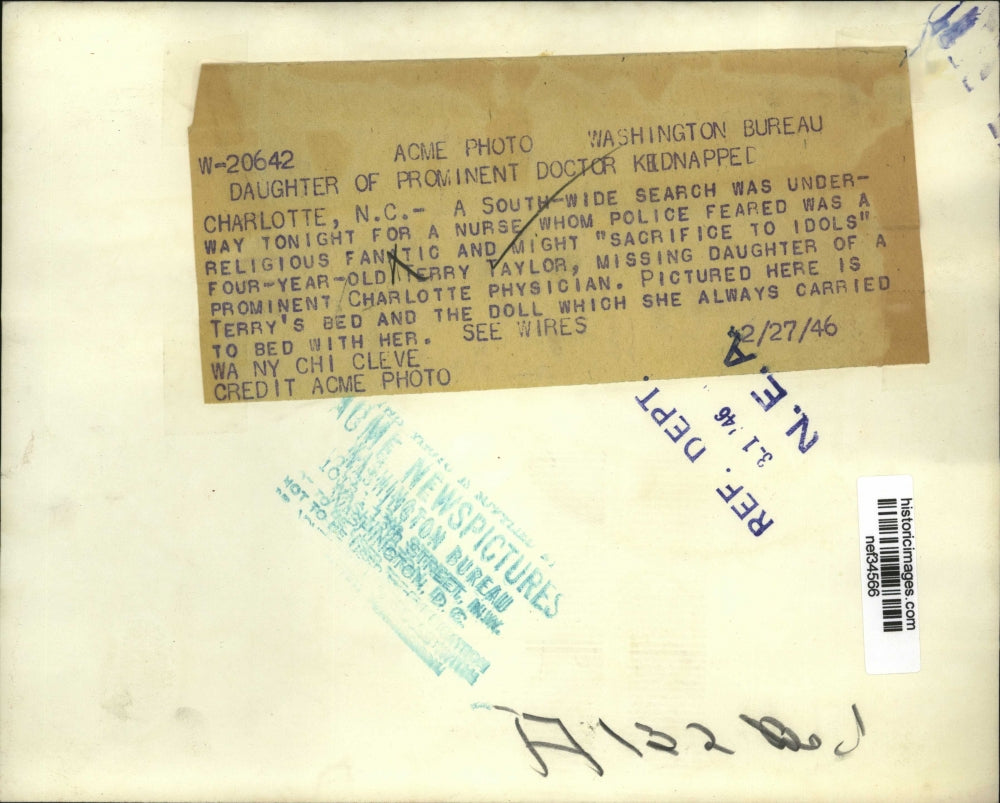 1946 Press Photo Bed & Doll of Missing Girl Terry Taylor, Charlotte, NC
