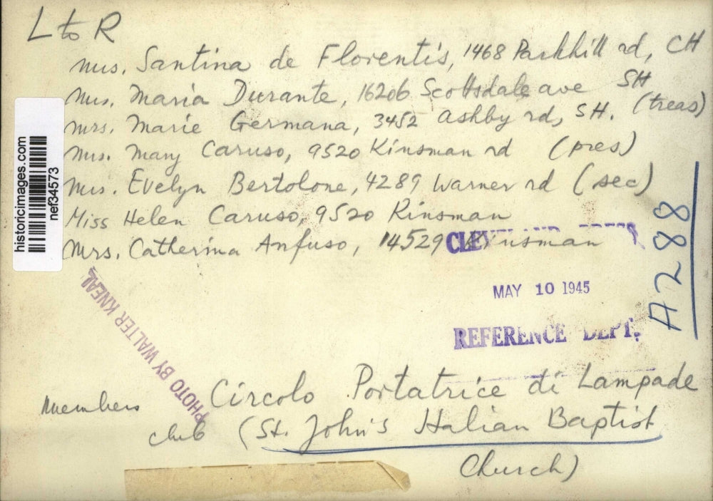 1945 Press Photo Circolo Portatrice di Lampade Club, St. John's Italian Church