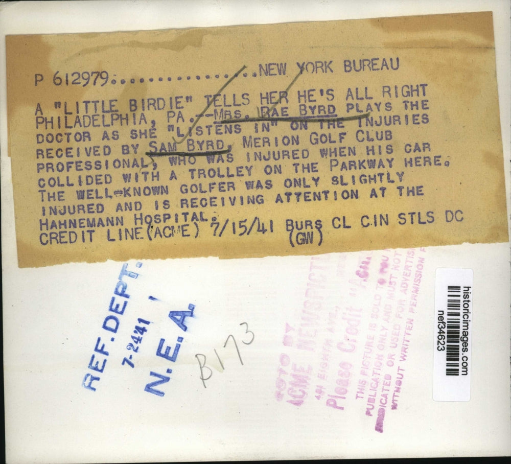 1941 Press Photo Mrs Rai Byrd & Golf Pro Sam Byrd Injured in Car Accident