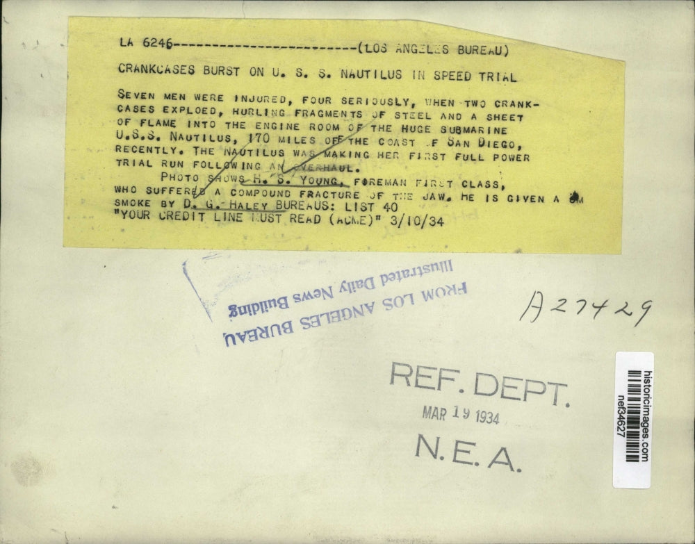 1934 Press Photo HS Young Foreman 1st Class Injured in Explosion on SS Nautilus