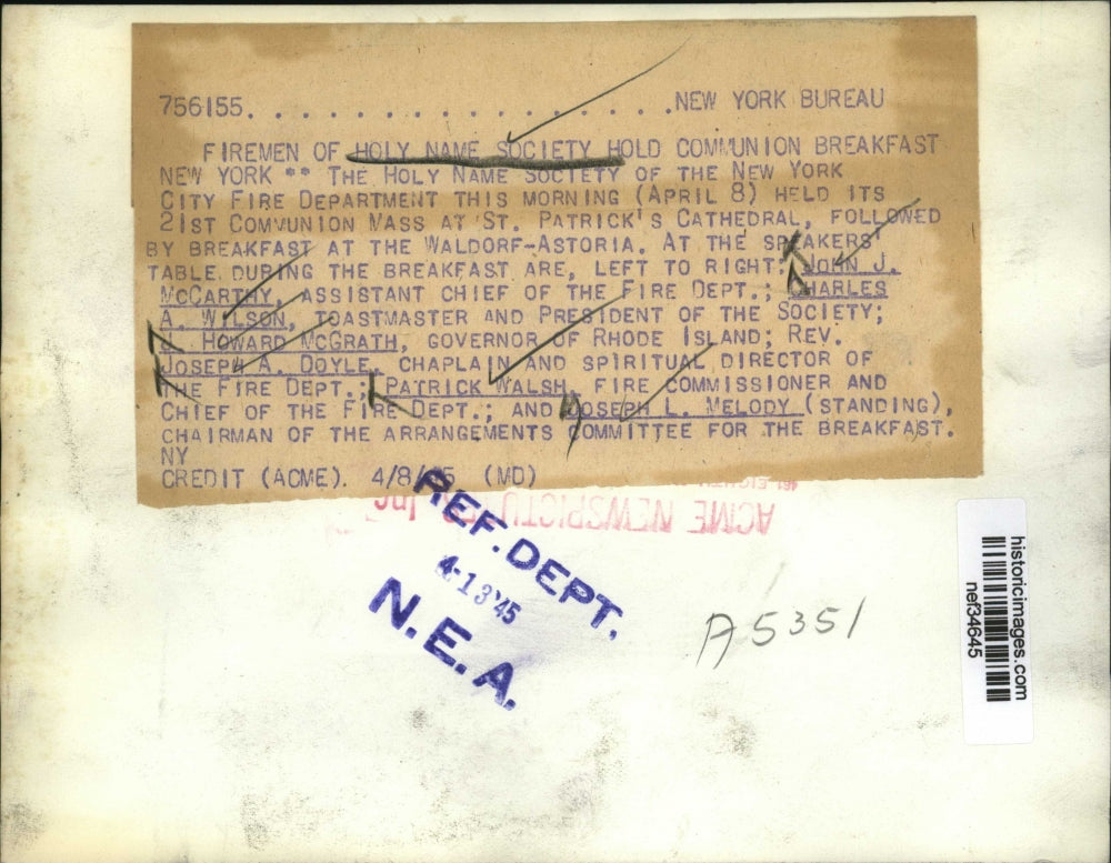 1945 Press Photo Firemen of Holy Name Society Hold Communion Breakfast