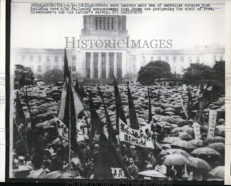 Load image into Gallery viewer, 1960 Press Photo Students Wave Banners Outside Diet Building After Announcement
