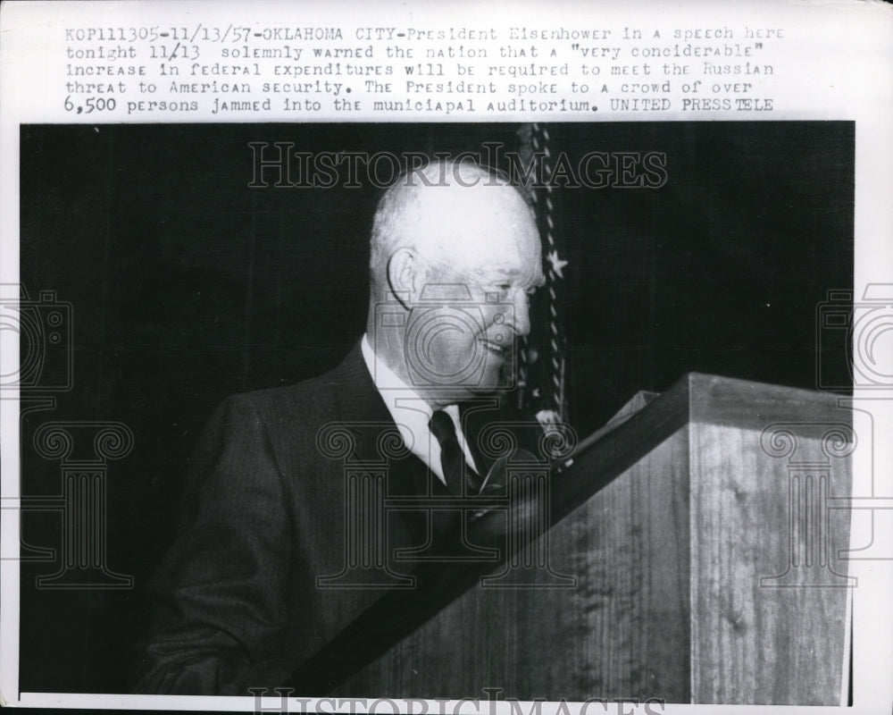 1957 Press Photo Pres Eiesnhower Speech Warns Increase in Federal Expenditures