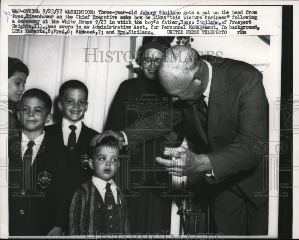 1957 Press Photo Dwight Eisenhower Greets Rocco Sicilano's Son at White House