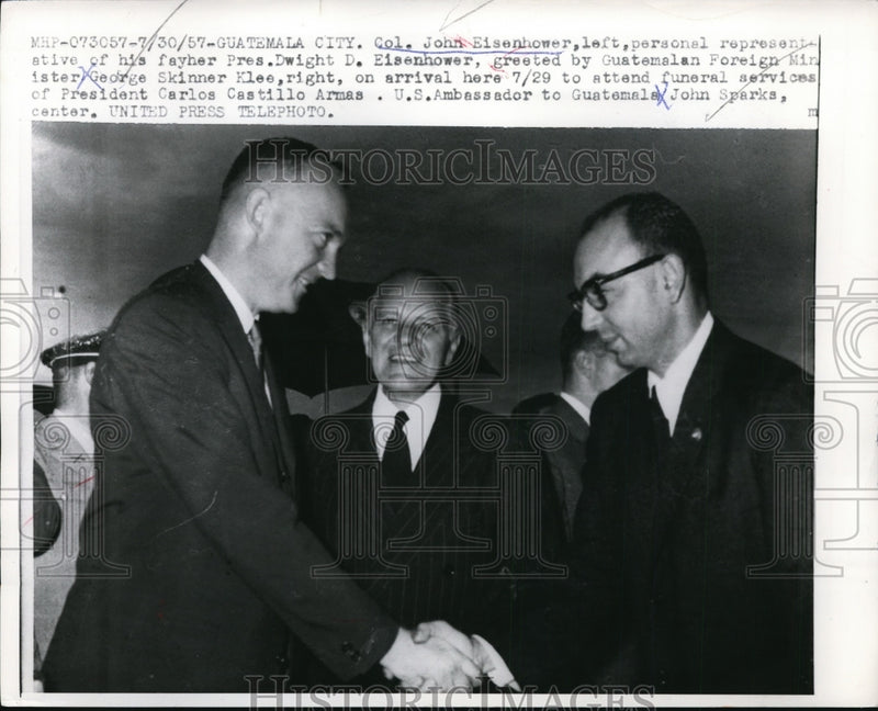 Load image into Gallery viewer, 1957 Press Photo Col. John Eisenhower Greeted by George Skinner Klee for Funeral
