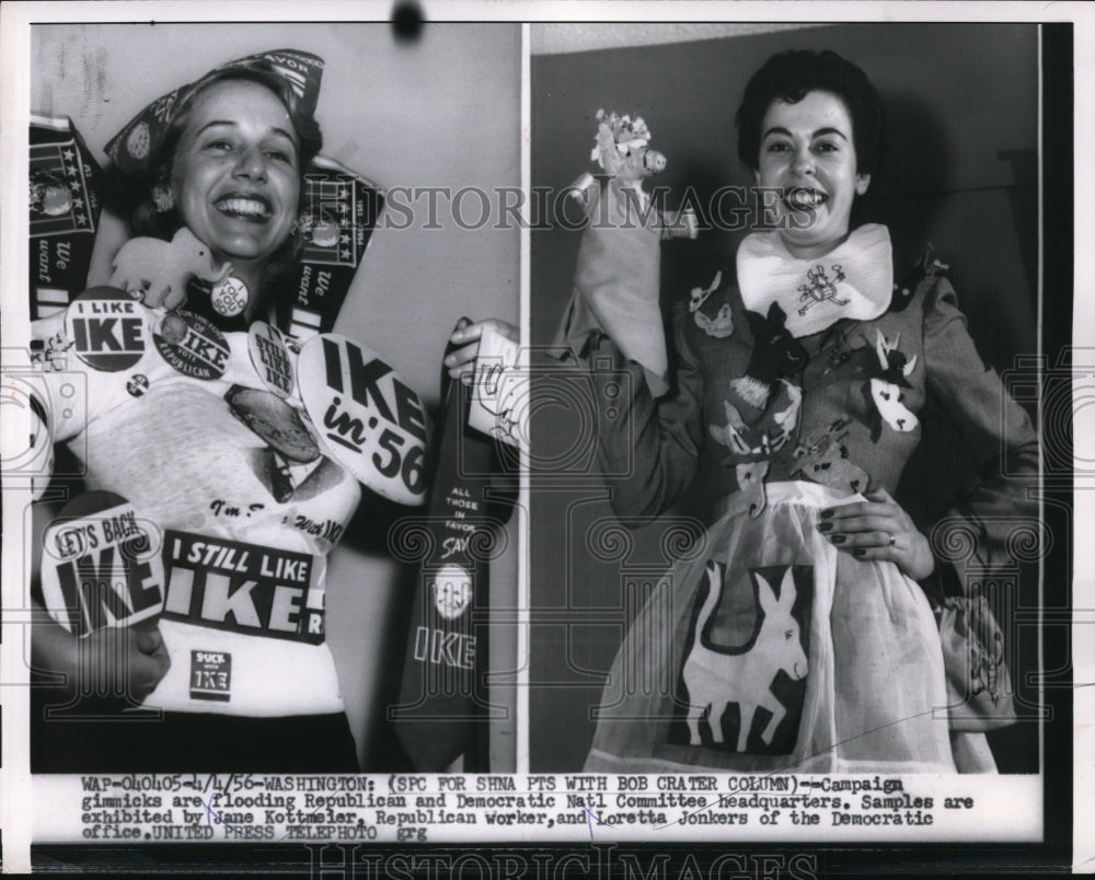 1956 Press Photo Jane Kottmeier and Lorette Jonkers Display Party Gimmicks