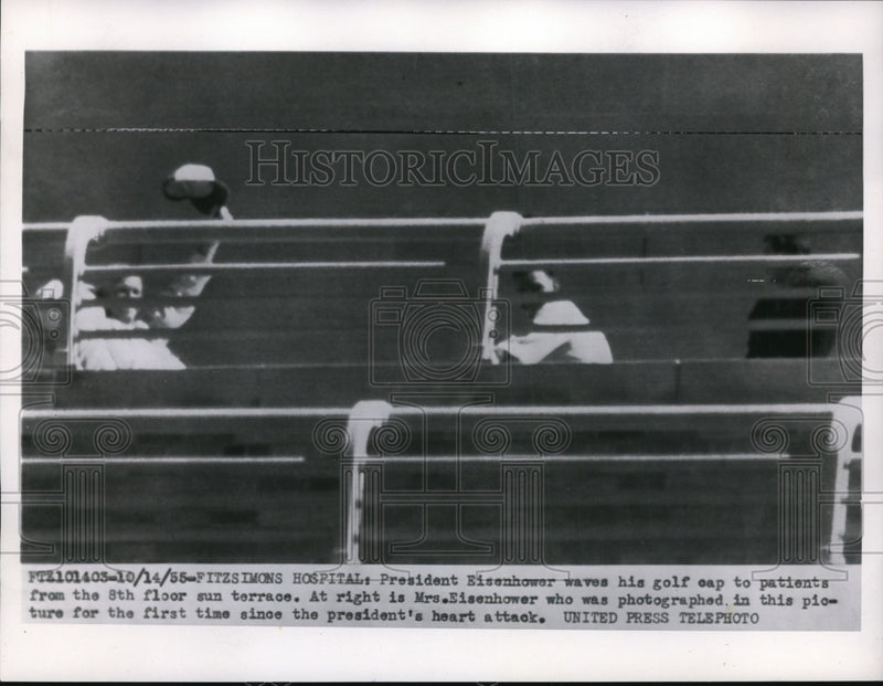 Load image into Gallery viewer, 1955 Press Photo Dwight Eisenhower Waves from Fitzsimons Hospital Sun Terrace
