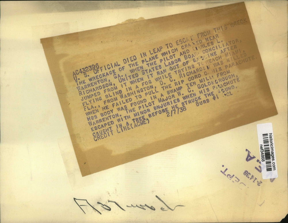 1938 Press Photo Charles L Richardson Dies Ejecting from Failing Plane