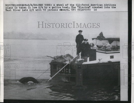 1959 Press Photo "Electra" American Airlines Plane Towed out of East River, NY