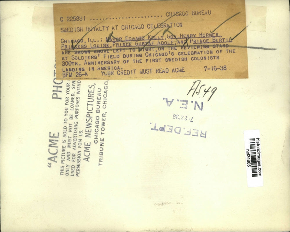 1938 Press Photo Mayor Edward Kelly of Chicago with Swedish Royalty Celebration