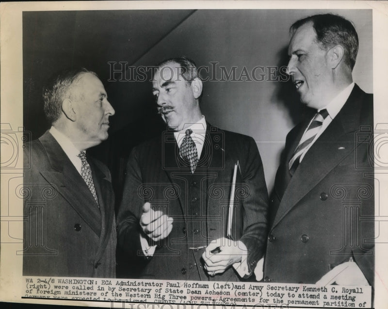 Load image into Gallery viewer, 1949 Press Photo Dean Acheson Meets with Paul Hoffman, Kenneth Royal - nef34888
