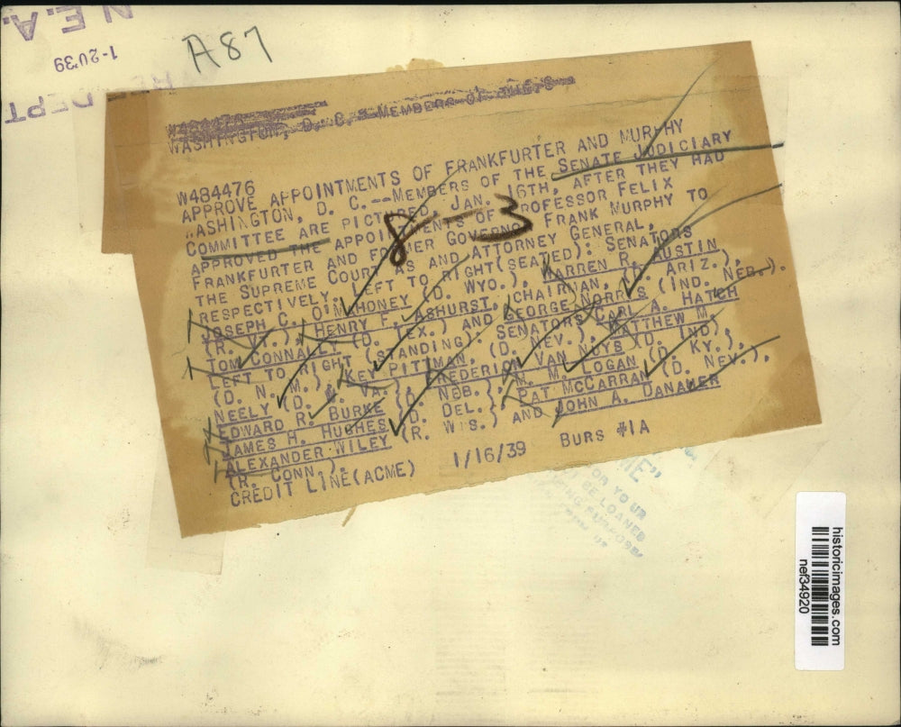 1939 Press Photo Senate Judiciary Committee Approve Frankfuter Appointment