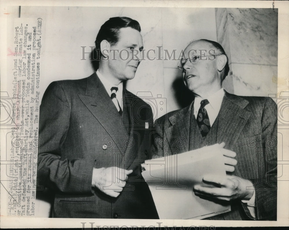 1949 Press Photo Labor Sec.Maurice Tobin and Sen. Robert A Taft of Ohio