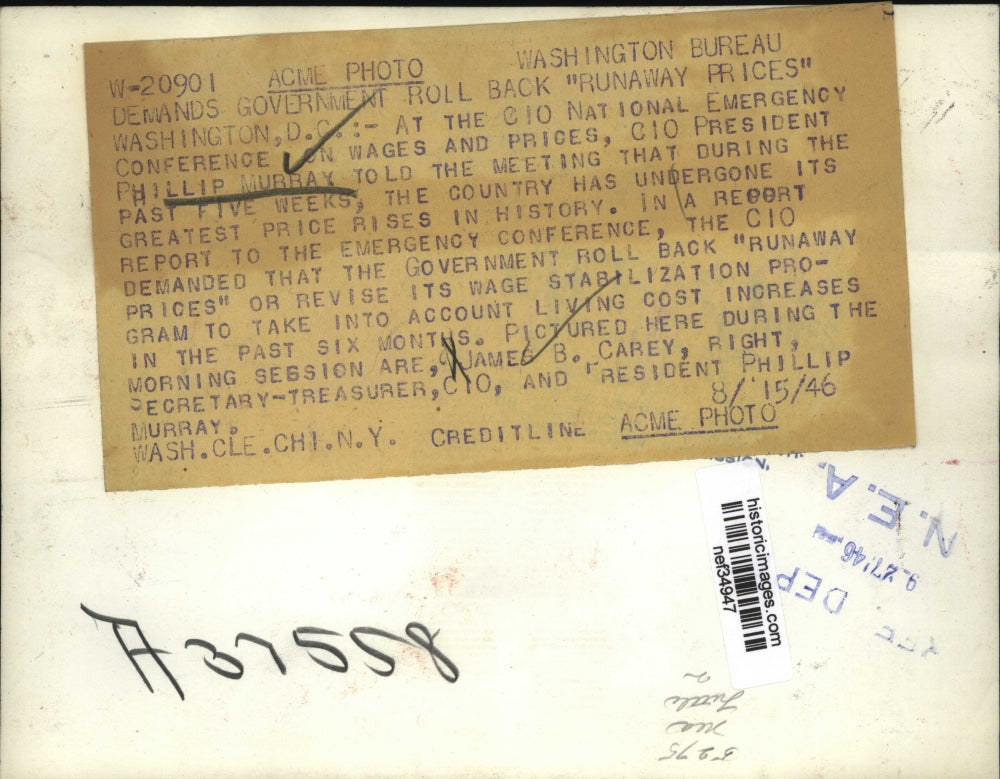 1946 Press Photo Philip Murray CIO President demand Government roll back prices