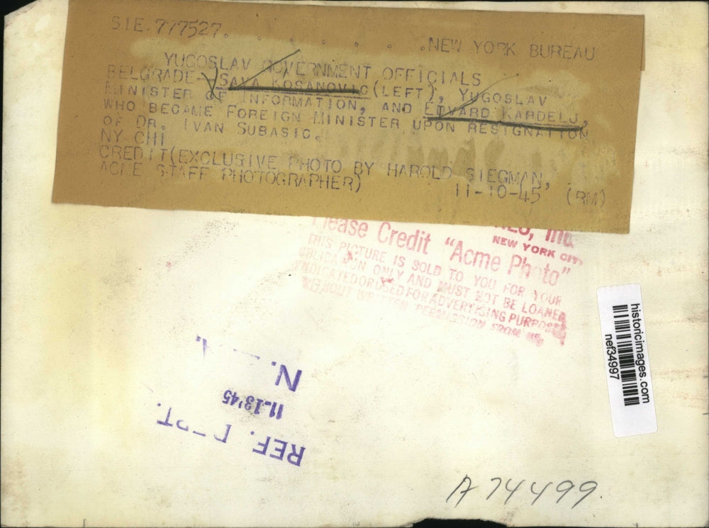 1945 Press Photo Saya Kosanovio Yugoslav Minister & Edward Kardelj Foreign Minis