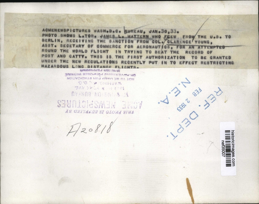 1933 Press Photo James Mattern & Colonel Clarence Young Sec Commerce Aeronautics